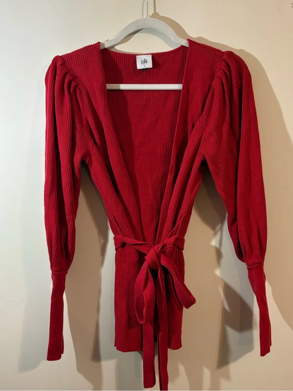CAbi Cabaret Red Ribbed Chunky Knit Cardigan Sweater Women’s small Tie Waist